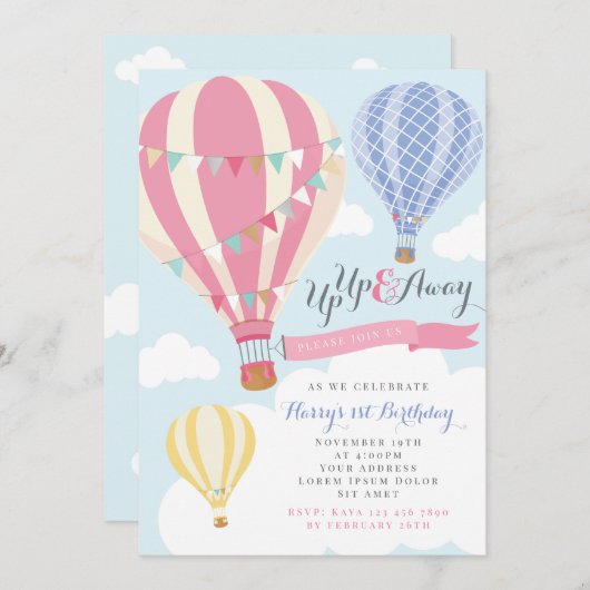 ピンク&パープルホットエアバルーン誕生日招待状 招待状 (正面/裏面)