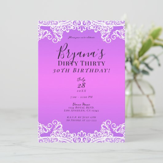 ピンク&パープルホワイトレースダーティ30 30th誕生日 招待状 (スタンド正面)