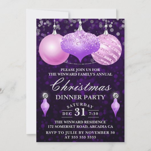 ピンク&パープルボーブルズクリスマスディナーパーティー 招待状 (正面)