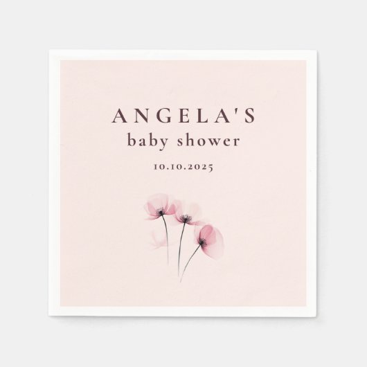 ピンク&パープルポピーフローラベビーシャワー スタンダードカクテルナプキン (正面)