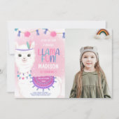 ピンク&パープルラマ誕生日招待状と写真 招待状 (正面)