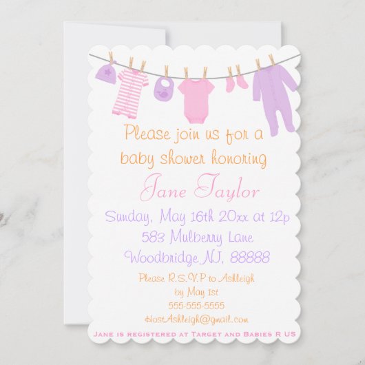 ピンク&パープルリトル衣料シャワー招待状 招待状 (正面)