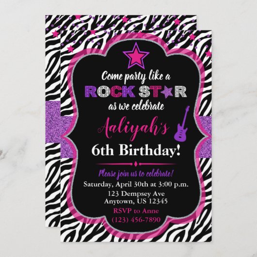 ピンク&パープルロックスターガール誕生日招待状 招待状 (正面/裏面)