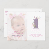 ピンク&パープル写真1st誕生日パーティの招待状 ポストカード (正面/裏面)