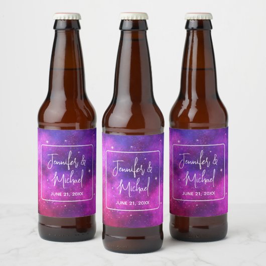 ピンク&パープル宇宙&スターズフェイク銀河系結婚ズ ビールラベル (ボトル)