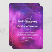 ピンク&パープル宇宙&スターズフェイク銀河系結婚ズ 招待状 (正面/裏面)