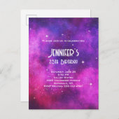 ピンク&パープル宇宙&スターフェイク銀河系誕生日 インビテーションポストカード (正面/裏面)