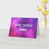 ピンク&パープル宇宙&スターフェイク銀河系誕生日 カード (黄色い花)