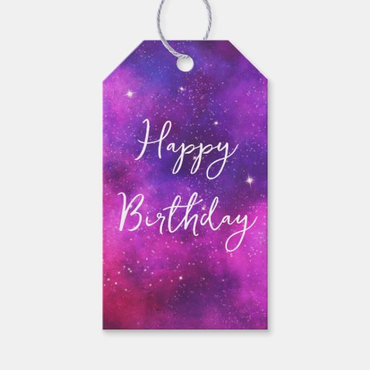 ピンク&パープル宇宙&スターフェイク銀河系誕生日 ギフトタグ (正面)