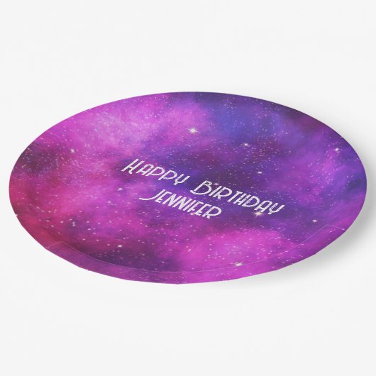 ピンク&パープル宇宙&スターフェイク銀河系誕生日 ペーパープレート (アングル)