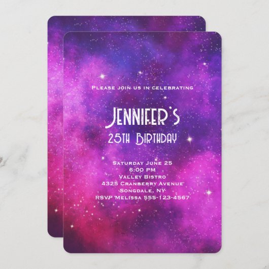 ピンク&パープル宇宙&スターフェイク銀河系誕生日 招待状 (正面/裏面)