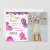 ピンク&パープル恐竜誕生日招待状 招待状 (正面)