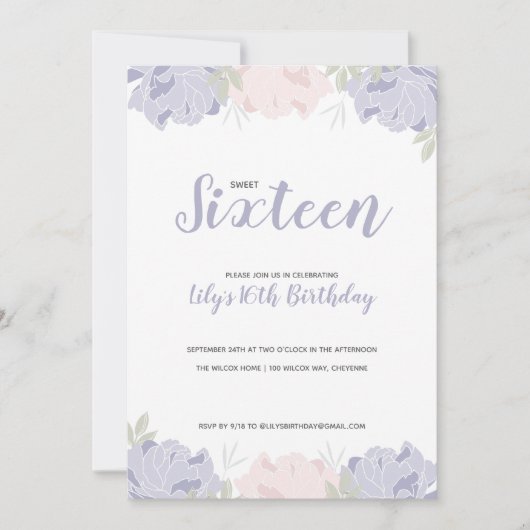 ピンク&パープル牡丹スウィート16誕生日パーティー 招待状 (正面)