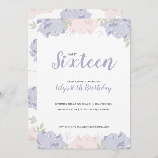 ピンク&パープル牡丹スウィート16誕生日パーティー 招待状 (正面/裏面)