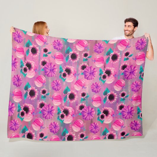 ピンク&パープル秋カボチャ&アクアサンフラワー フリースブランケット (インサイチュ)
