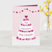 ピンク&パープル結婚ケーキおめでとうカード カード (黄色い花)