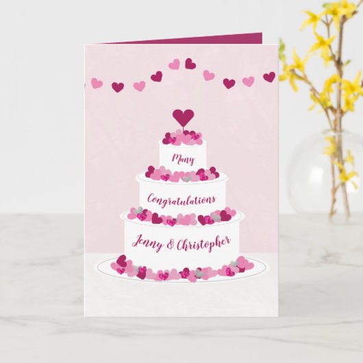 ピンク&パープル結婚ケーキおめでとうカード カード (黄色い花)