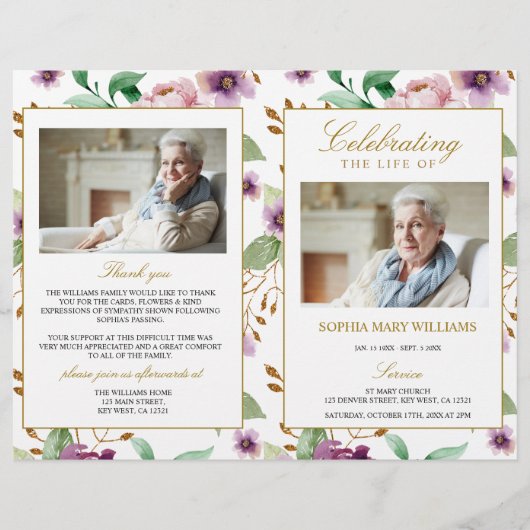 ピンク&パープル葬儀プログラム |サービスの順序 (正面)