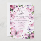 ピンク・パープル蝶の写真卒業パーティー 招待状 (正面)