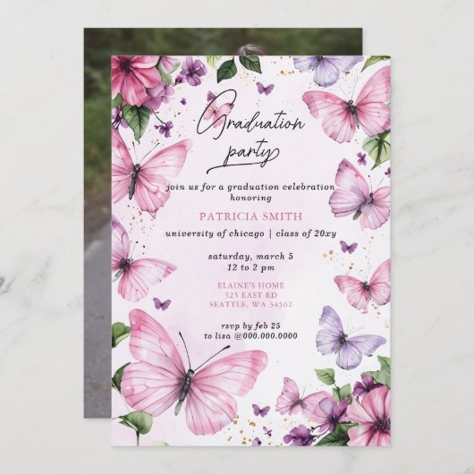 ピンク・パープル蝶の写真卒業パーティー 招待状 (正面/裏面)