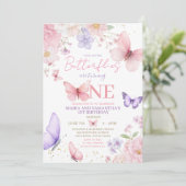 ピンク パープル かわいい 蝶 ツイン ガール 1歳 誕生日 招待状 (スタンド正面)