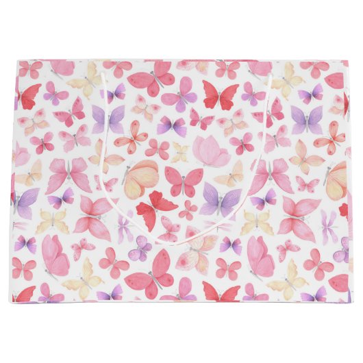 ピンク パープル イエロー 蝶のベビーシャワー ラージペーパーバッグ (正面)
