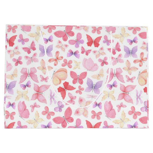 ピンク パープル イエロー 蝶のベビーシャワー ラージペーパーバッグ (裏面)