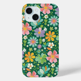 ピンク パープル オレンジ グリーンのパステルカラーの野の花 iPhone 15ケース