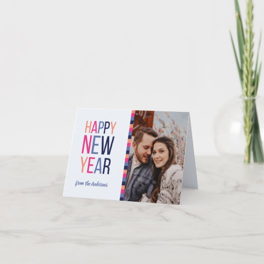 ピンク・パープル・カスタム写真が新年を迎える シーズンカード (正面)