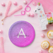 ピンク パープル グリッター & スパークル モノグラム 誕生日 ペーパープレート (パーティー)