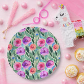 ピンク、パープル、グリーンの水彩花 ペーパープレート (パーティー)