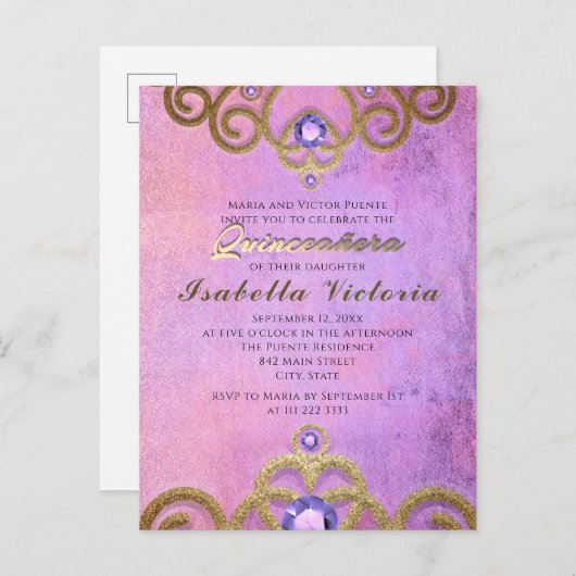 ピンク パープル ゴールド グリッター ジュエル タイアラ キンセアニエラ ポストカード (正面/裏面)