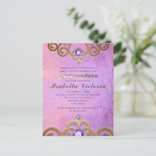 ピンク パープル ゴールド グリッター ジュエル タイアラ キンセアニエラ ポストカード (スタンド正面)