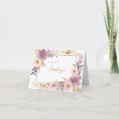 ピンク パープル ゴールド フラワーの水彩画 ブライダルシャワー サンキューカード (正面)