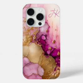 ピンク パープル ゴールド 大理石風 ペアソナライズ モノグラム iPhone 15 PROケース