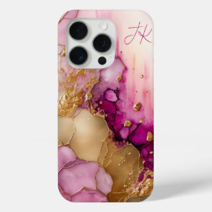 ピンク パープル ゴールド 大理石風 ペアソナライズ モノグラム iPhone 15 PROケース
