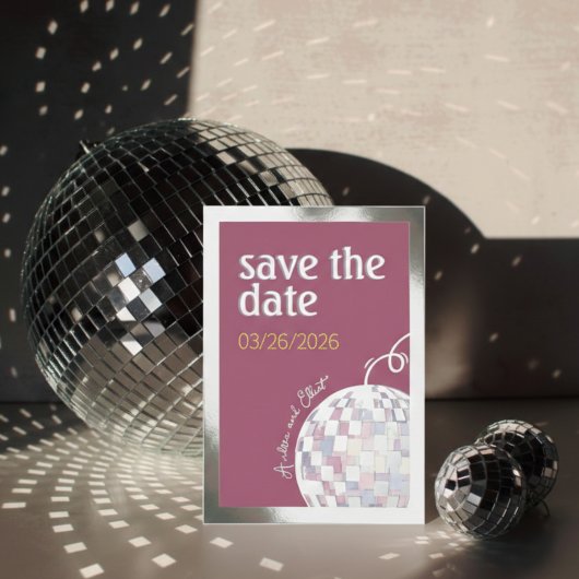 ピンク・パープル・シルバーのディスコ 結婚式 Save the Date 箔招待状