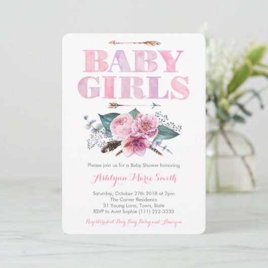 ピンク・パープル・ツインズの女の子のための赤ちゃんシャワー 招待状 (スタンド正面)