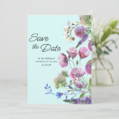  ピンク パープル ティール ワイルドフラワー サマー セーブ・ザ・デート 招待状 (スタンド正面)