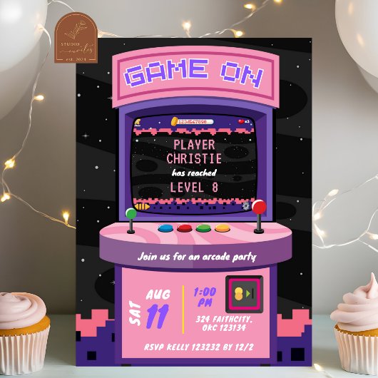 ピンク パープル ネオン アーケード ゲーム ガール 誕生日 招待状