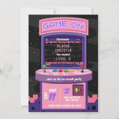 ピンク パープル ネオン アーケード ゲーム ガール 誕生日 招待状 (正面)