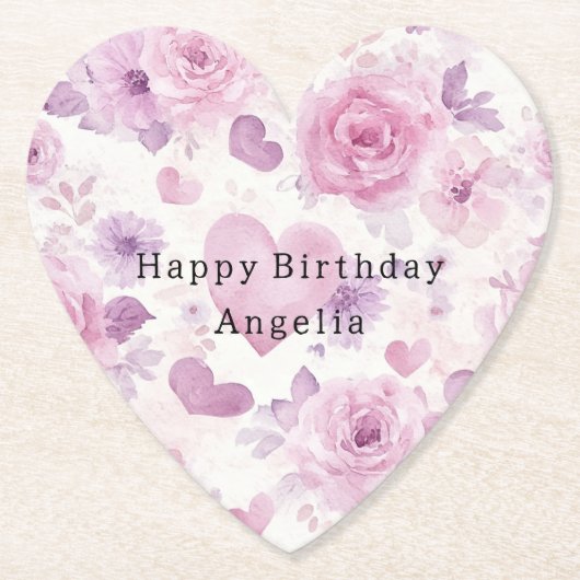 ピンク パープル ハート 花 誕生日 ペーパーコースター (正面)