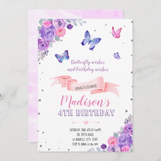 ピンク・パープル・バタフライの招待状 サンキューカード (正面/裏面)