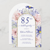ピンク パープル フラワー ゴールド アーチ 85歳 誕生日パーティー 招待状 (正面/裏面)