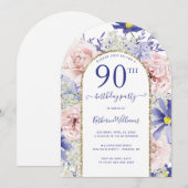 ピンク パープル フラワー ゴールド アーチ 90歳の誕生日パーティー 招待状 (正面/裏面)