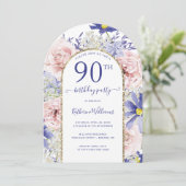 ピンク パープル フラワー ゴールド アーチ 90歳の誕生日パーティー 招待状 (スタンド正面)
