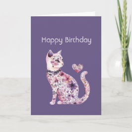 ピンク パープル フラワー ハート 猫 誕生日 カード