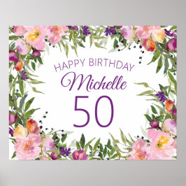 ピンク パープル フローラル グリーン リーブス 50歳の誕生日 ポスター
