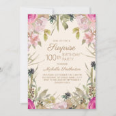 ピンク パープル フローラル サプライズ 100歳の誕生日 招待状 (正面)