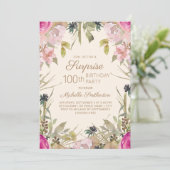 ピンク パープル フローラル サプライズ 100歳の誕生日 招待状 (スタンド正面)